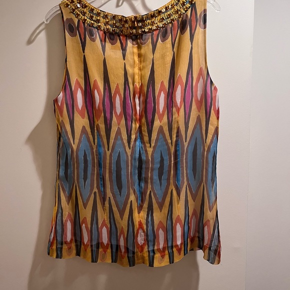 Tory Burch Lined Silk Blouse Tank with beading sequins neckline, Ikat Print sz10 - Picture 2 of 8